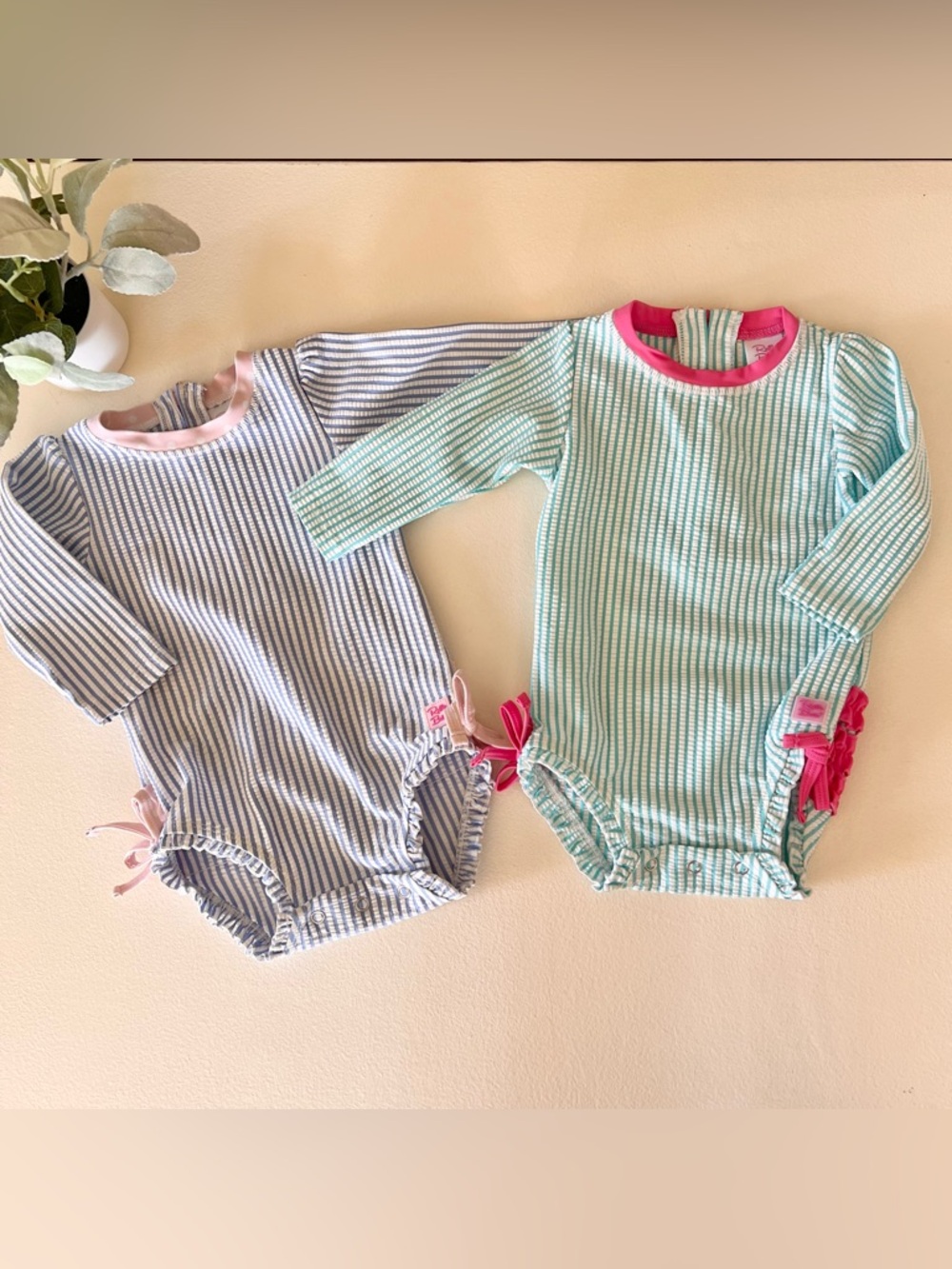RuffleButts Seersucker Long Sleeve One Piece Rash Guards